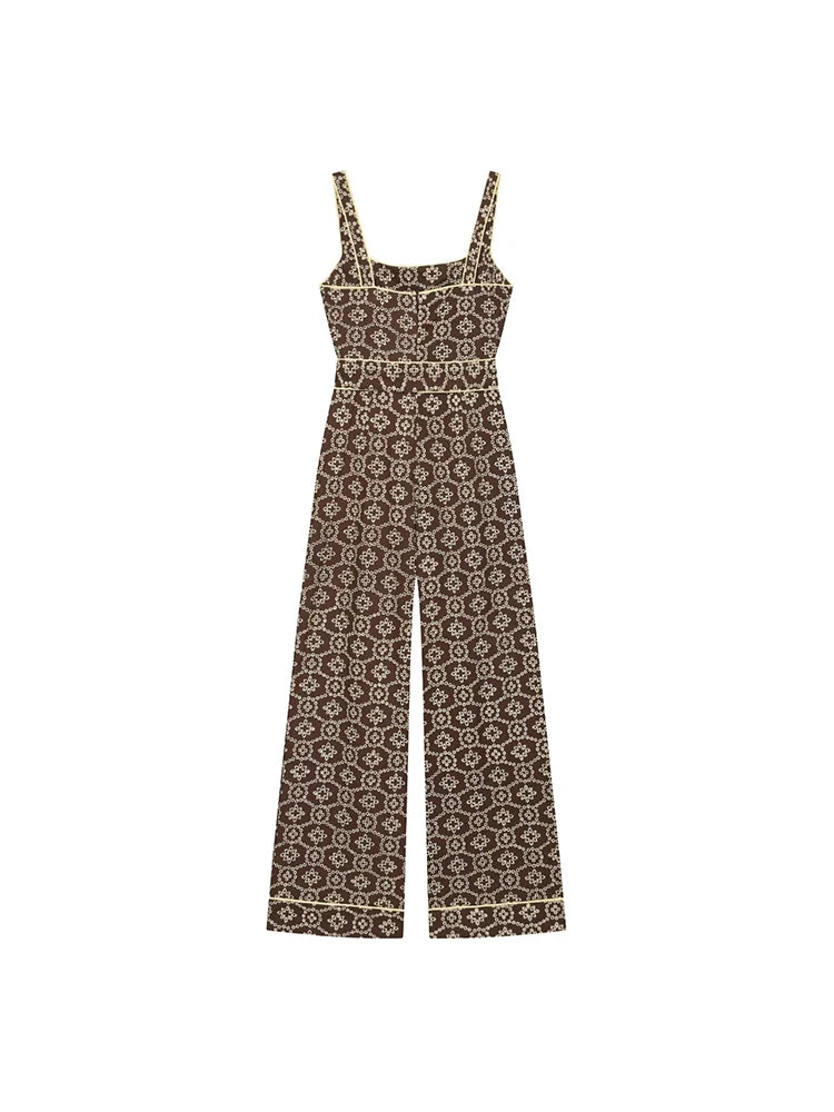 TFMLN New Women's Floral Embroidered Jumpsuits High Waist Casual Sleeveless Wide Leg Long Romper With Belt Fashion Summer