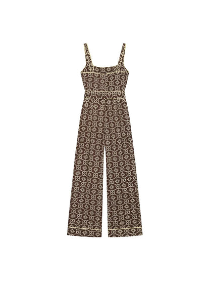 TFMLN New Women's Floral Embroidered Jumpsuits High Waist Casual Sleeveless Wide Leg Long Romper With Belt Fashion Summer