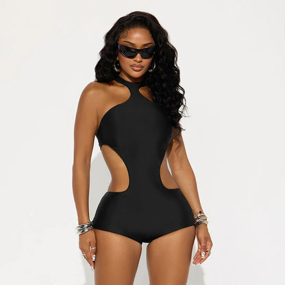 New Arrival: European and American Style Women's Sexy Halter Neck Backless Tight-Fitting Hollowed-Out Bodysuit, Solid Color Top