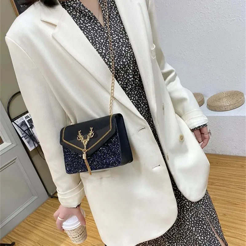 Fashion Women Shoulder Bag Deer Head Decoration Messenger Bags PU Leather Button Underarm Luxury Chain Lady Small Square Handbag