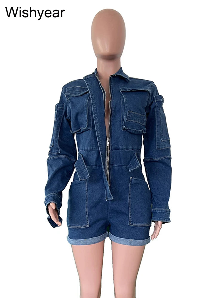 Fashion Blue Bodycon Denim Short Playsuits Women's Long Sleeve Washed Cargo Pocket Jumpsuits Streetwear Overalls Autumn Rompers