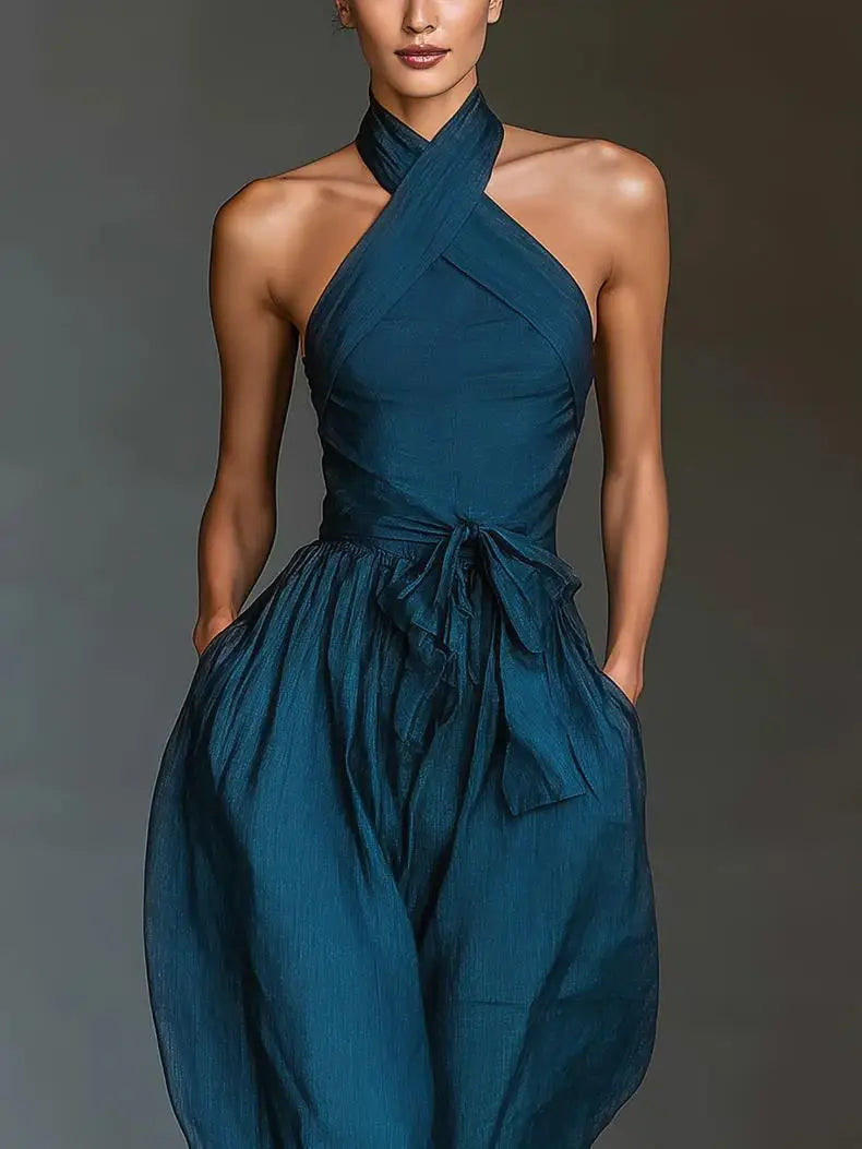2026 High Waist Tie-up Wide Leg Pants Jumpsuit Woman Sexy Criss Cross Halter Backless Zips Romper Summer Solid Office Overalls