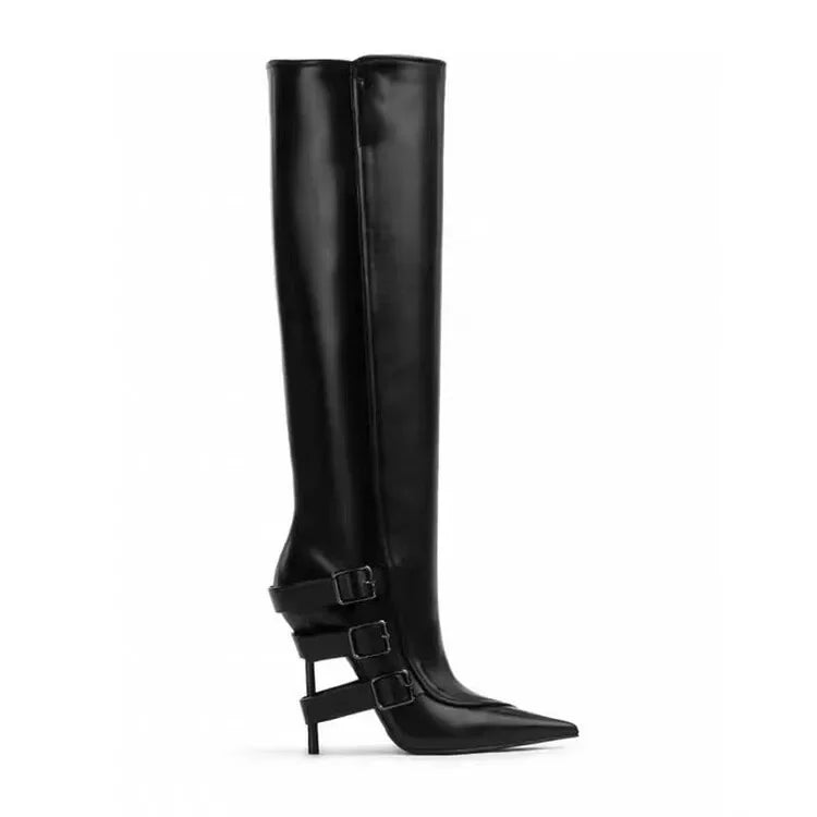 New Belt Buckle Stiletto High Heels Knee Length Boots Autumn/Winter Women's Fashion Pointed Party 34-46 Large Medium Boots