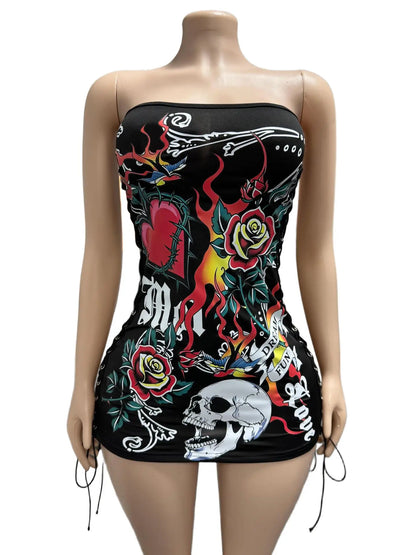 STYLISH LADY Y2K Tattoo Print Strapless Bodycon Dress 2026 Summer Women Side Lace Up Slim Fit Sexy Club Party Street Mini Dress