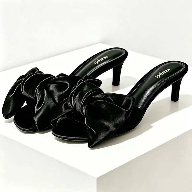 Fashion Satin Bow Detail Mules Sandals Women High-quality Open-Toe Kitten-Heel Slippers for Ladies Luxury Brand Designer Shoes
