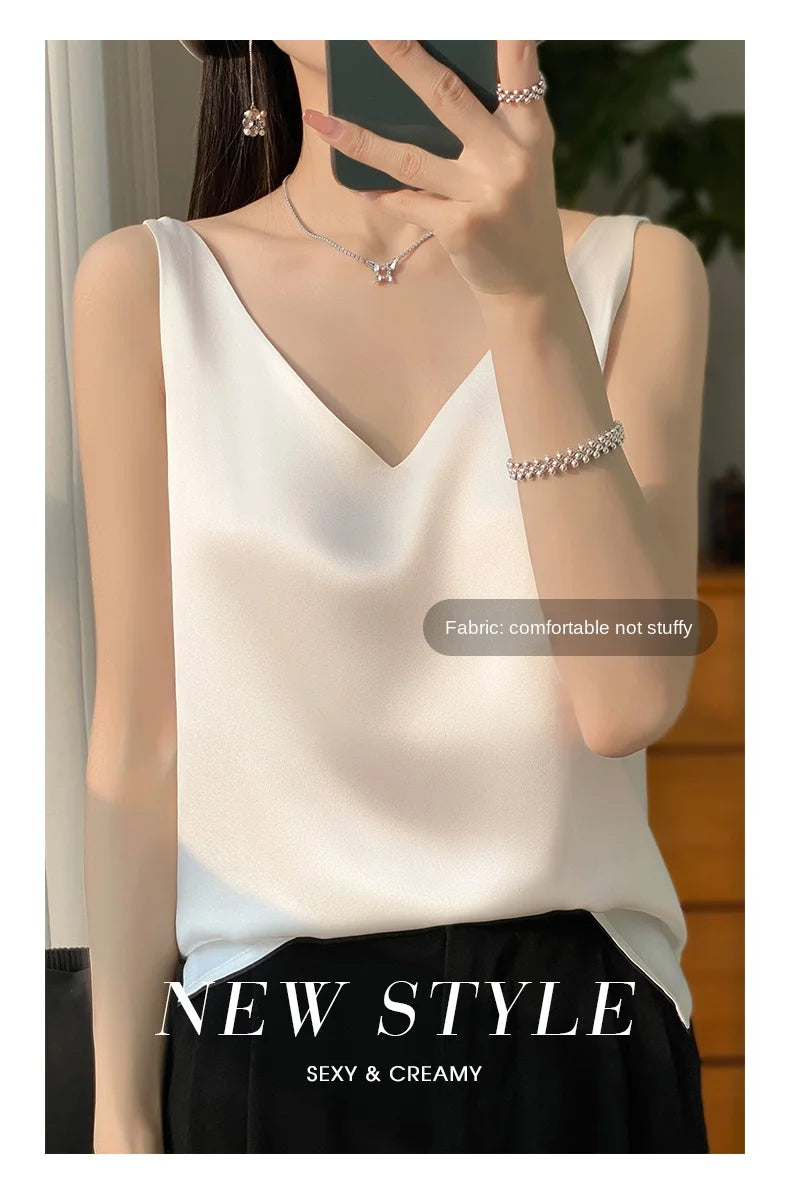 New Lce Silk Satin Camisole Women's Spring/Summer Solid Color Sleeveless Sexy Comfortable Silk Underwear Vest RW-D09