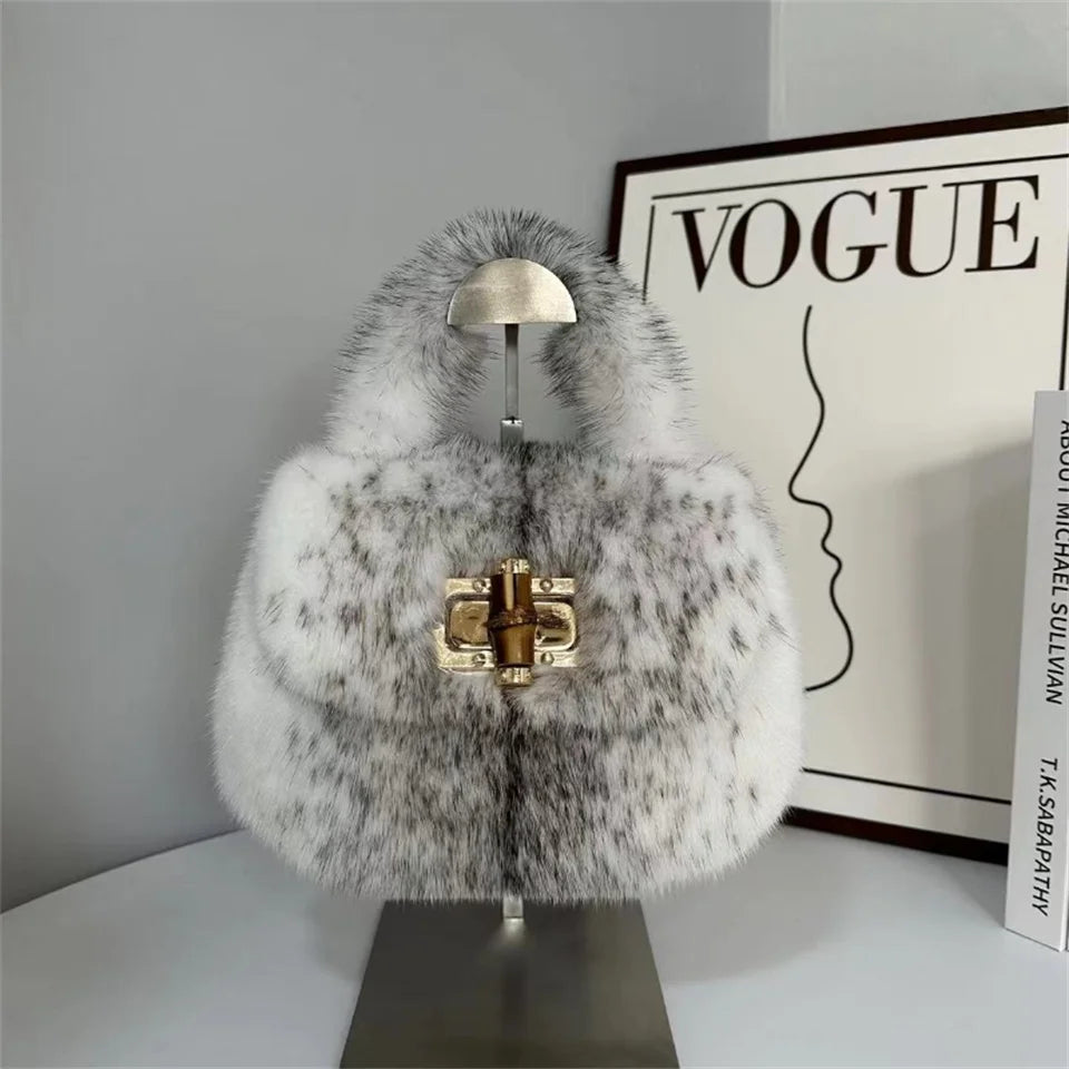 Fur Women's Mink Fur Bag Luxury Warm Plush Wrist Bags  Women Fashion Furry Short Handle Clutch Cute Ladies Fur Bags For Women