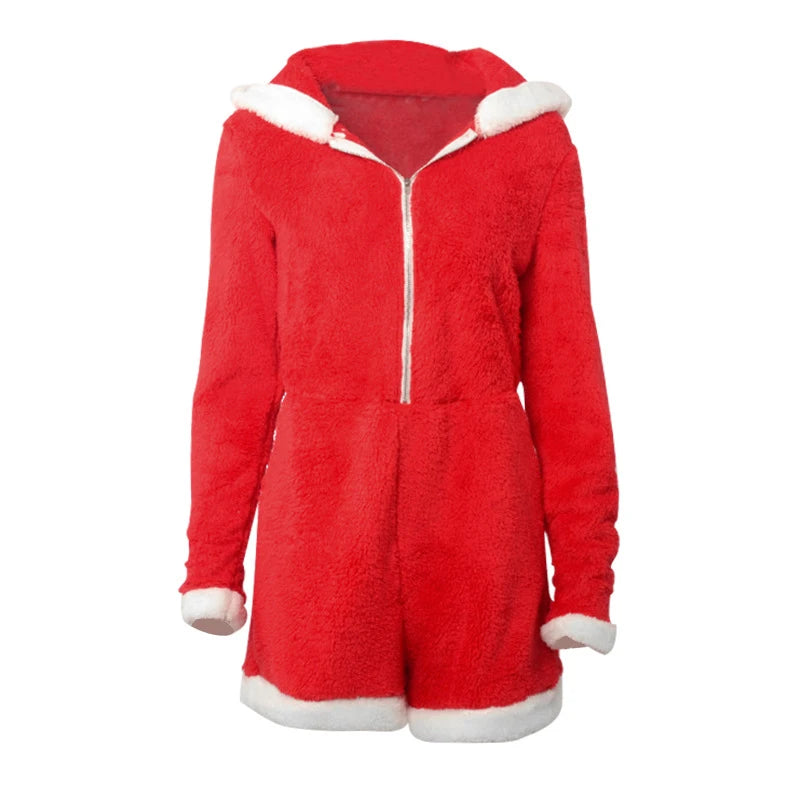 Plush Color Patchwork Xmas Women's Sexy Hooded Playsuits Loose Fitting Front Zip High-waist Home Casual Comfort Romper Sleepwear