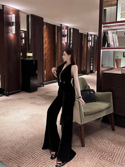 Vintage Luxury High-end Black Jumpsuits Metal Button Slim Sexy V-neck Hang Neck One-piece Pants Women Party Dresses Backless New