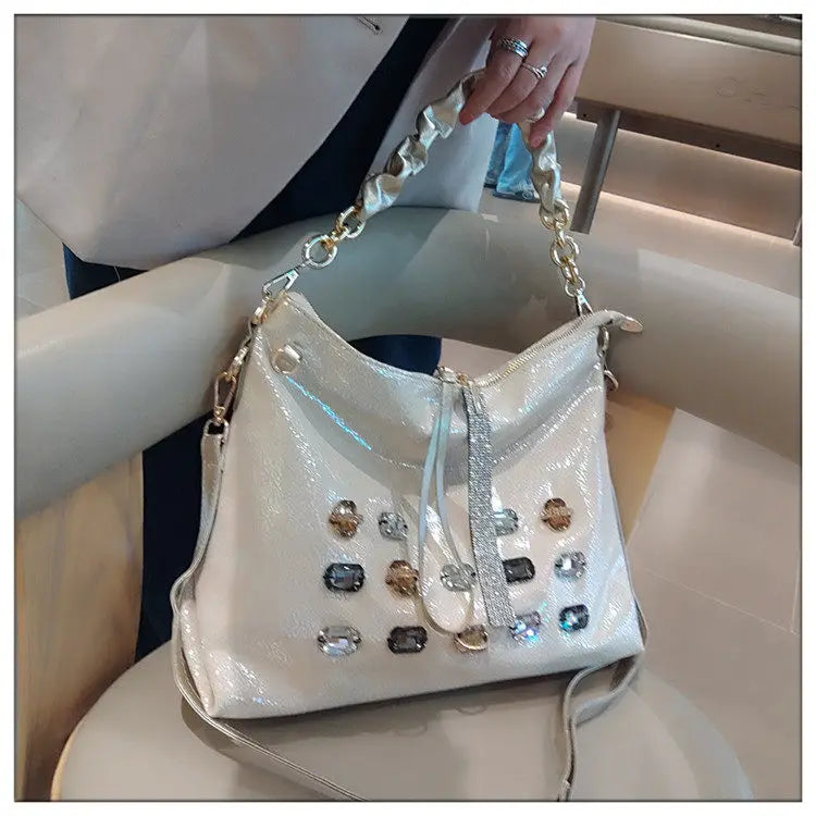 2026 New Fashion Diamonds Women Handbags Genuine Leather Tote Bag Large Capacity Work Commute Leisure Versatile Shoulder Bags