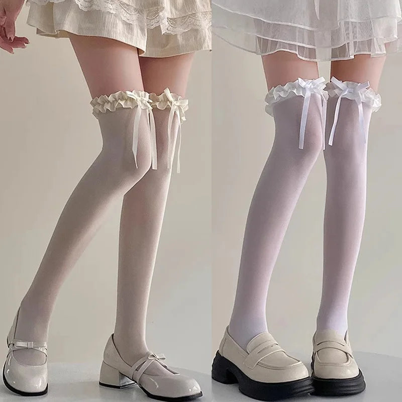 1/2/3pairs Japanese Lolita Jk Knee High Long Sock Black White Bow Ribbon Stockings Sexy Lace Thigh High Socks Sweet Cute Hosiery