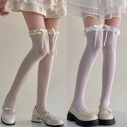 1/2/3pairs Japanese Lolita Jk Knee High Long Sock Black White Bow Ribbon Stockings Sexy Lace Thigh High Socks Sweet Cute Hosiery
