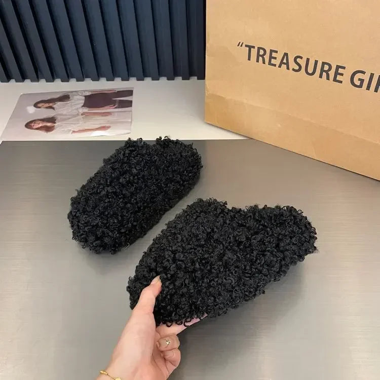Thick Heel Luxury Lambwool Mules  Winter Shoes Woman Flip Flops Flat Cover Toe Slides Ins Warm Curly Lamb Fur Slippers Women
