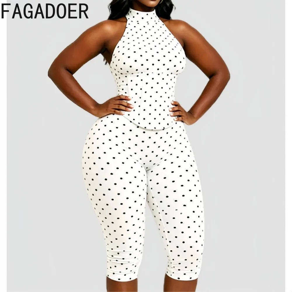 FAGADOER Cute Polka Dot Bodycon Rompers Hot Girl Streetwear Lace Up Bandage Corset Halter Jumpsuits Summer Night Club Playsuits