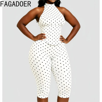 FAGADOER Cute Polka Dot Bodycon Rompers Hot Girl Streetwear Lace Up Bandage Corset Halter Jumpsuits Summer Night Club Playsuits