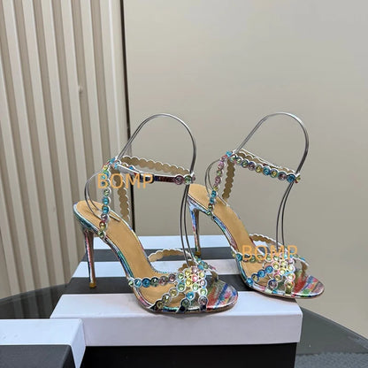 Fashionable Satin Pointed Toe Crystal High Heel Slippers Diamond Stiletto Sandals Luxury Sexy Design for Party Wedding Occasions