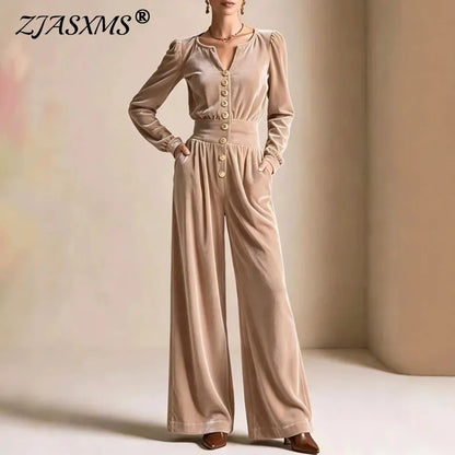 Elegant Solid Corduroy Overalls Ladies Notched V-Neck Long Sleeve Buttons Elastic Waist Romper New Autumn Casual Party Jumpsuits