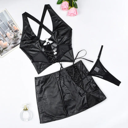 Sexy Short Mini Skirts Sets for Women 2 Pieces Leather Outfit Lace Up Cross Bra Coquette Youthful New in Matching Sets