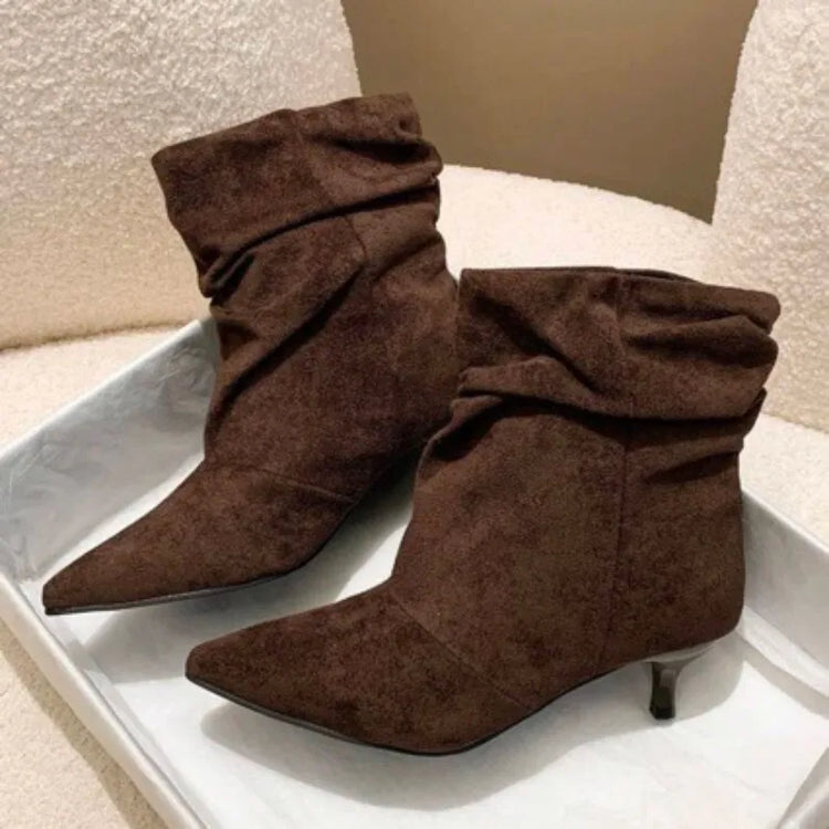 Brown Retro Elegant Designer Ankle Boots Women Fashion Pleated Suede Autumn Winter Kitten Heels Party Prom Chelsea Shoes