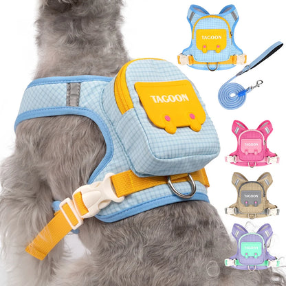 Cute Backpack Dog Harness with Leash, Reflective Soft Pet Vest for Small Medium Dogs Cats, Adjustable Walking Harness Set