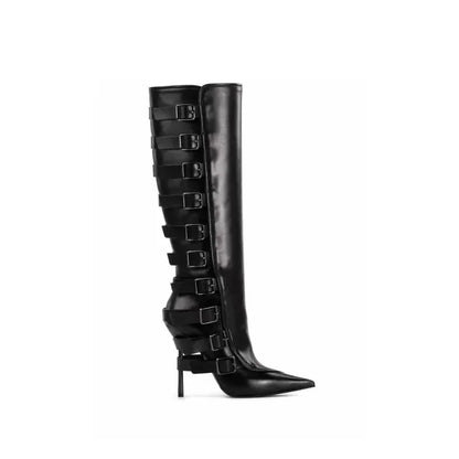New Belt Buckle Stiletto High Heels Knee Length Boots Autumn/Winter Women's Fashion Pointed Party 34-46 Large Medium Boots