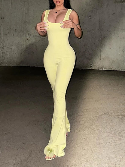 Women's slim fit solid color bell bottom pants sexy suspender jumpsuit pants