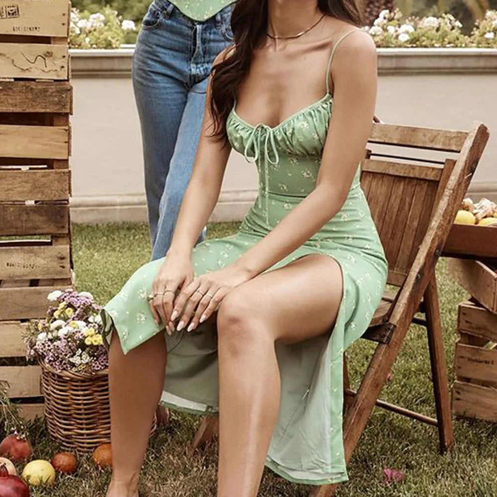 Women Elegant Floral Beach Vacation Streetwear Sexy Low Cut Beach Party Slim Slit Dress Chic Bodycon Lady Sleeveless Vestidos