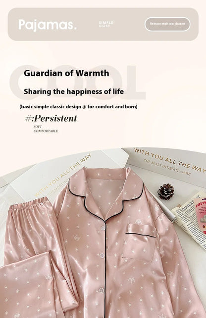 Japanese-Style Cute Girl Star Print Ice Silk Nightwear Women's Spring and Autumn Long-Sleeved Long Pants Homewear Actual Photo