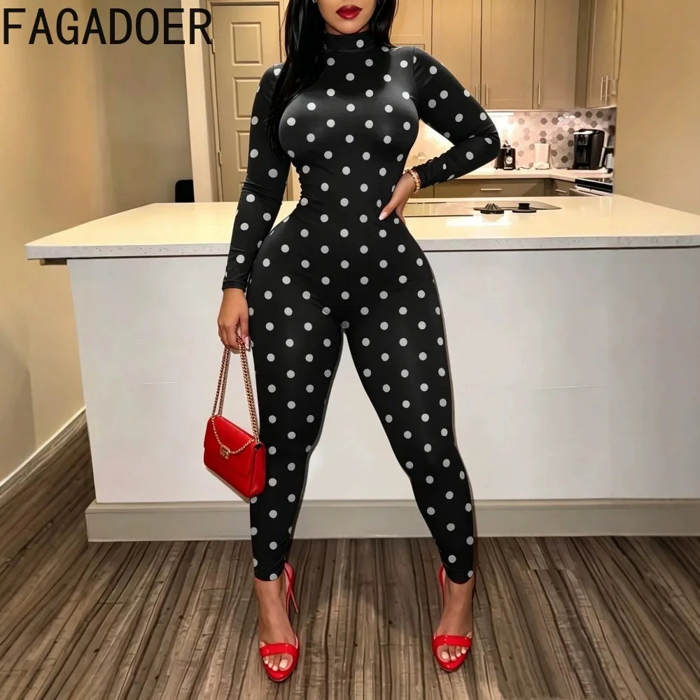 FAGADOER Sexy Women Polka Dot Bodycon Jumpsuit High Neck Long Sleeve Slim Fit One Piece Y2K Clubwear Party Outfit