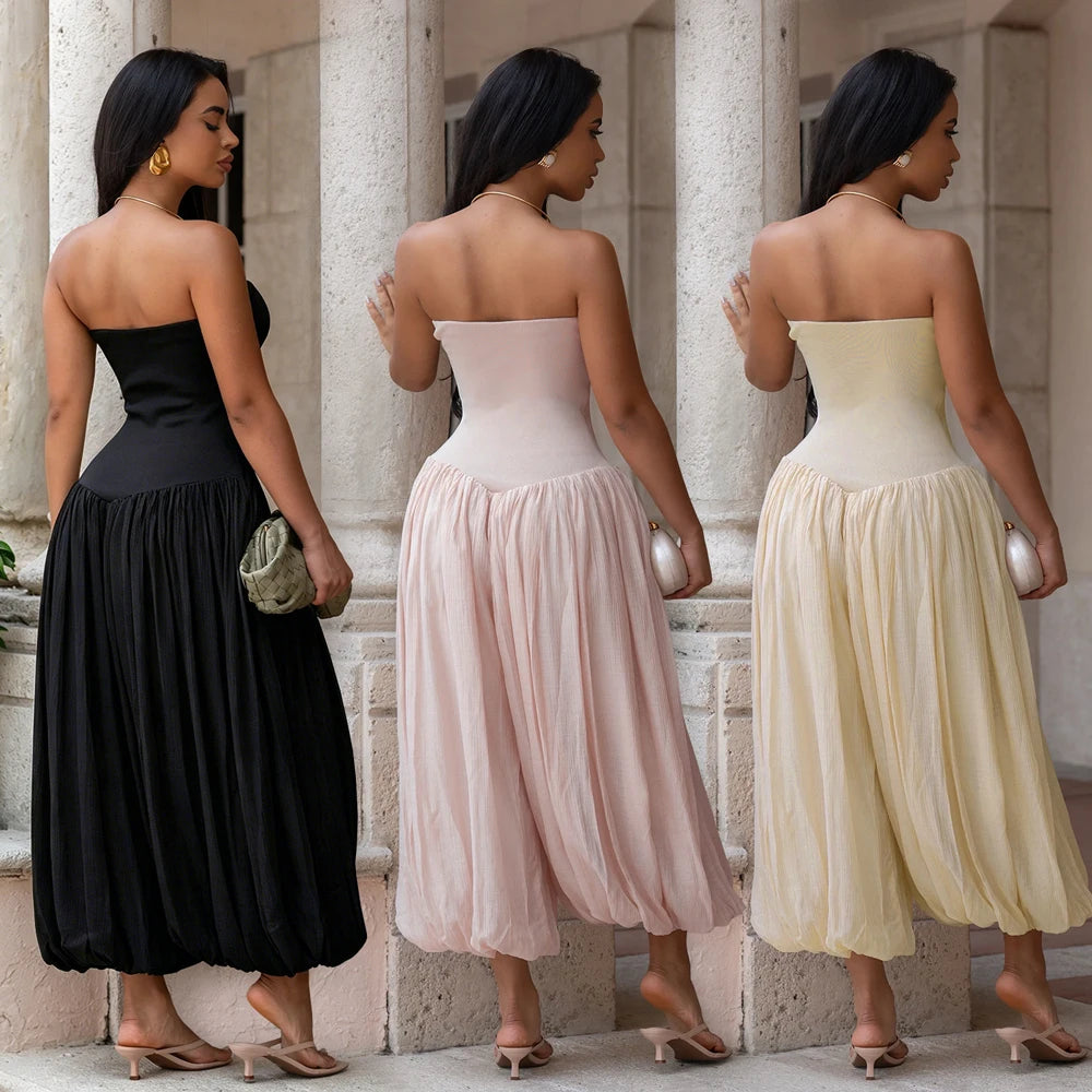 Summer Patchwork Cute and Sweet Pink Strapless Jumpsuits Midi Pants One Piece Rompers Slim Fit Women Ruched Party Jumpsuit