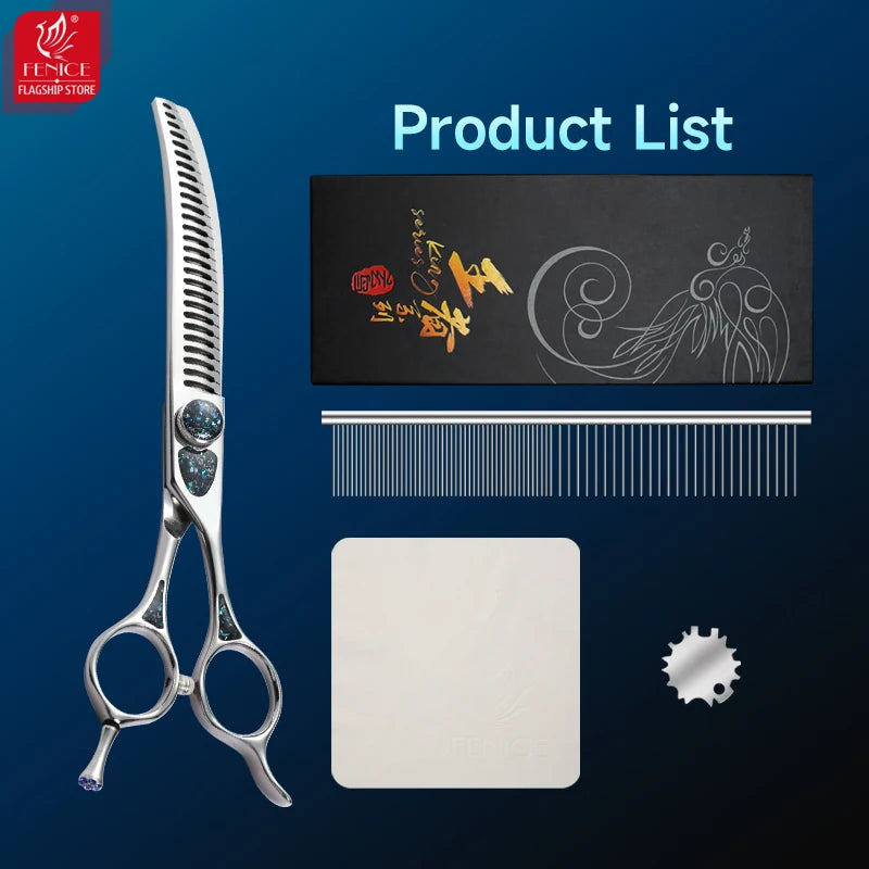 Fenice King Series 7/7.5Inch VG10 Shell Bearing Screws Dog Trimming Grooming Straight Curved Thinner Chunker Pet Scissors Tools