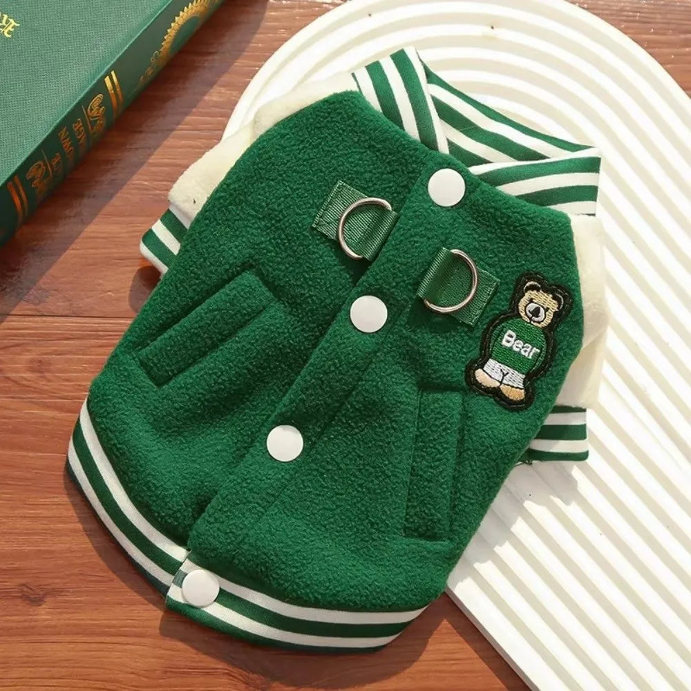 Winter Warm Puppy Coat with D Ring Button Pet Outdoor Jacket Cat Supplies Fleece Clothing Baseball Uniform Sport Suit