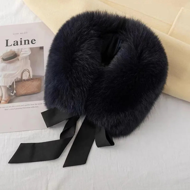 Winter Warm Fox Fur Collar Female Real Fur Collar Fashion Fluffy Clothing Accessories Collar Women Luxury Fur Scarf With Ribbons