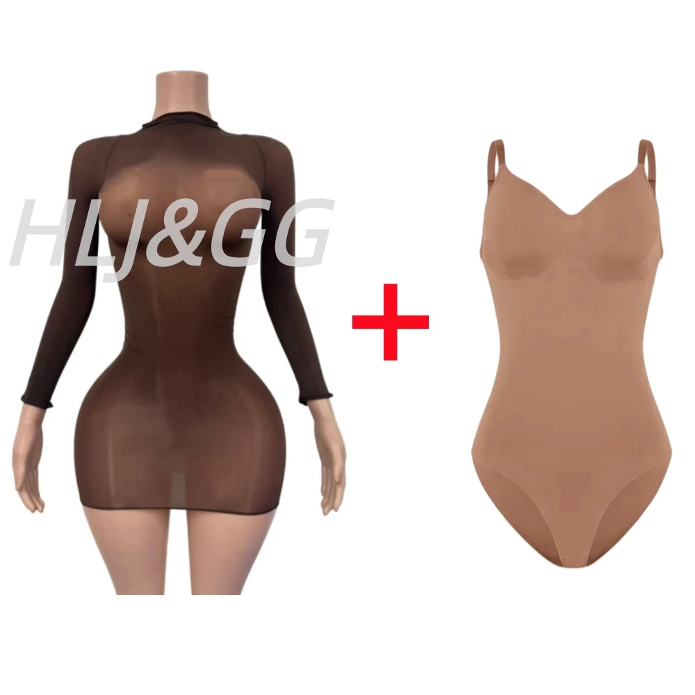 HLJ&GG Sexy Mesh See Through Bodycon Jumpsuits And Bodysuits Suits Women Long Sleeve Stretchy Playsuits Party Night Club Overall