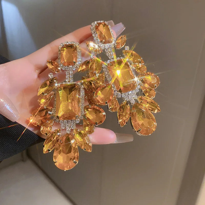 Orange Rhinestone Geometric Earrings for Women Retro Exaggerated Drop Earrings Temperament Party Accessories Girls Gifts