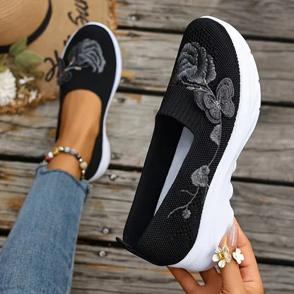 2026 Summer Women Breathable Knit Floral Embroidery Platform Loafers Slip On Walking Shoes Lightweight Soft Cushion Insole Anti Slip Wedge Sole Comfort Casual Daily Outdoor Travel Nurse Footwear Black Khaki Green Multiple Siz