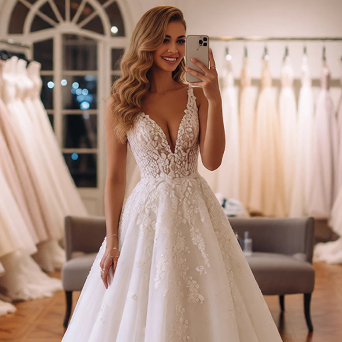 Elegant Tulle V Neck Lace Ball Gown Wedding Dresses For Bride Vestidos Novia Long Puffy Appliques Bridal Party Gown With Train