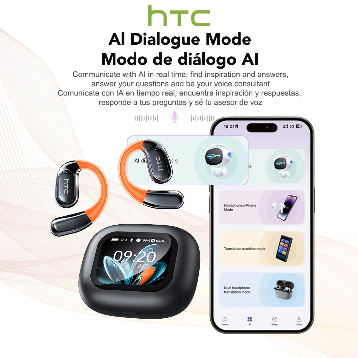 Bluetooth Wireless Headset HTC NE27 AI Real-Time Language Translator Earbuds Ear Hook Touch LCD Display ENC 2026 Choice