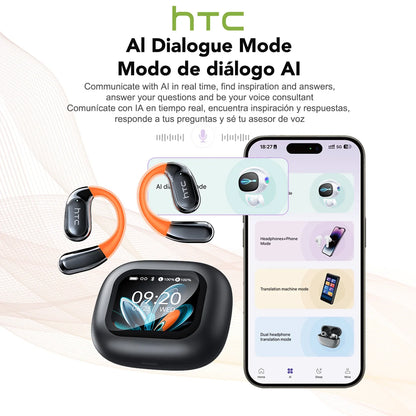 Bluetooth Wireless Headset HTC NE27 AI Real-Time Language Translator Earbuds Ear Hook Touch LCD Display ENC 2026 Choice