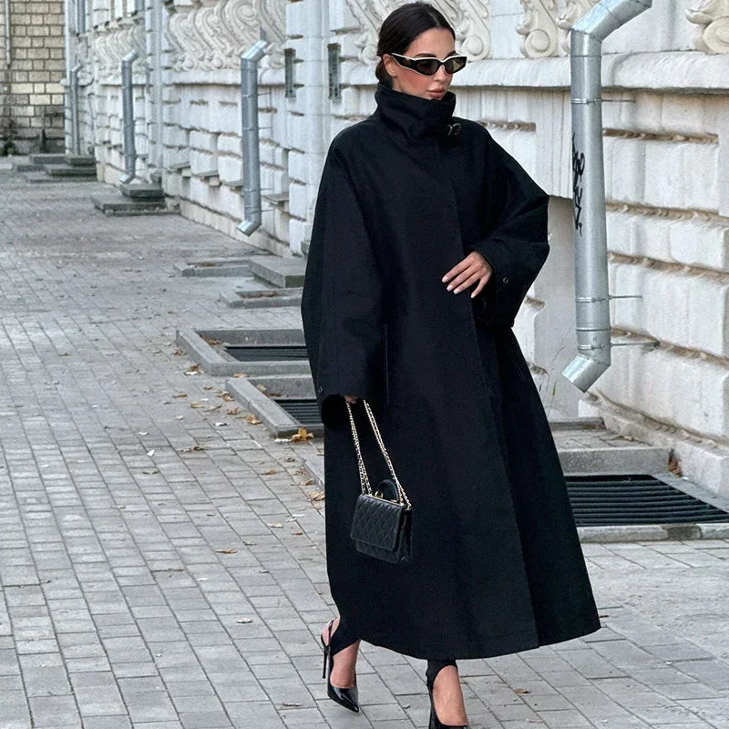 Black Stand Collar Trench Coat Women Casual Long Sleeve Single-breasted Loose Windbreaker 2026 Lady Autumn High Street Outwear