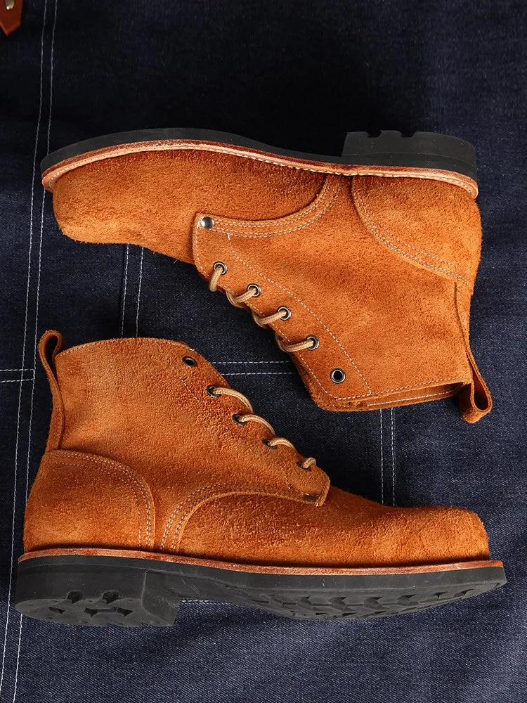 Vintage Handmade Genuine Leather Boots Male Lace Up Outside High Top Shoes Round Toe Mens Suede Cowskin Motorcycle Short Boots