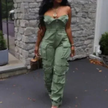 Jumpsuits Women Sexy One Piece Strapless Sleeveless Single Breasted Multiple Pockets High Waist Overalls Streetwear Trousers
