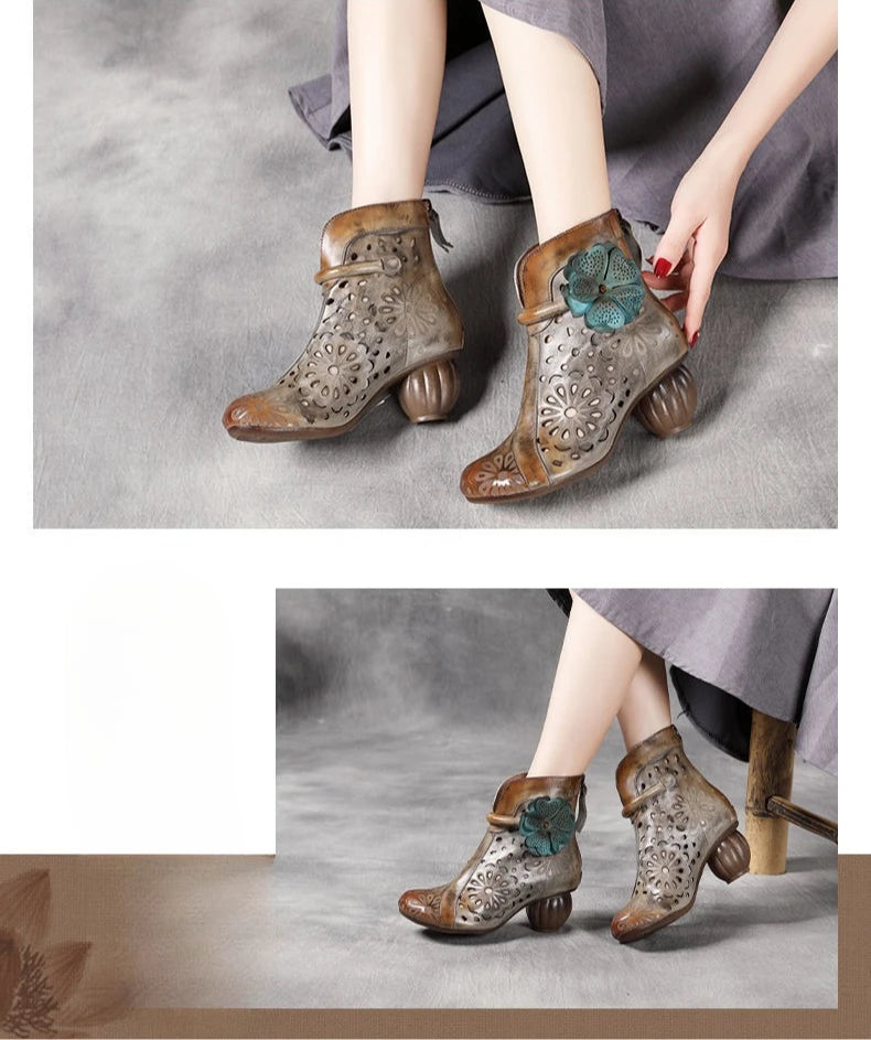 Myjyjz 6cm Genuine Leather Chunky Heels Hollow Women Shoes Ethnic Ankle Boots Zip Summer Pumps Flower Sandals (Size Runs Small）