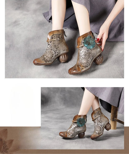 Myjyjz 6cm Genuine Leather Chunky Heels Hollow Women Shoes Ethnic Ankle Boots Zip Summer Pumps Flower Sandals (Size Runs Small）