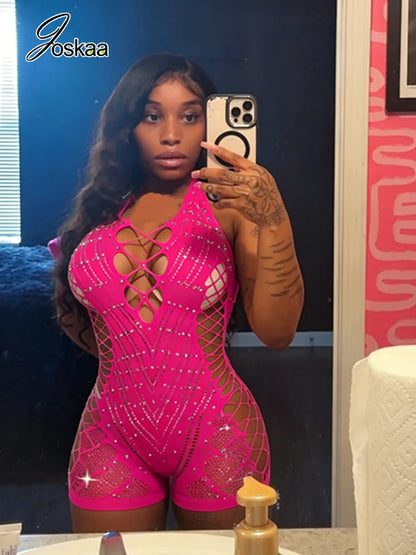 Joskaa Y2K Sparkling Rhinestone Halter Rompers Women Sexy Hollow Backless High Stretch Bodycon Playsuits Midnight Party Clubwear