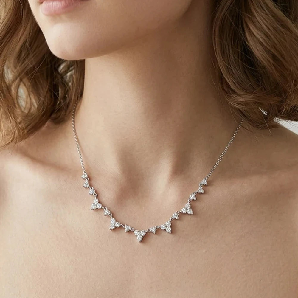 EWYA Floral Cluster Scatter Station Moissanite Necklace S925 Silver V‑Curve Smile Stackable Collarbone Neck Chain Women Gift