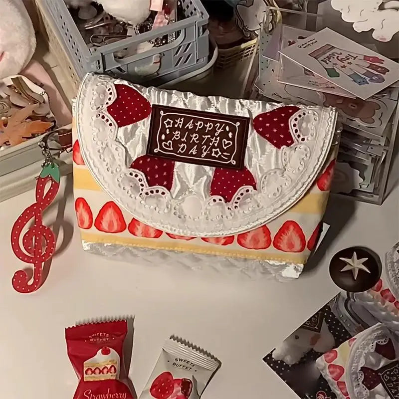 Kawaii Fashion Patchwork Strawberry Handbag Unique Cake Bag for Women Luxury Tote Purse for Gift Birthday or Party