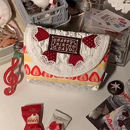 Kawaii Fashion Patchwork Strawberry Handbag Unique Cake Bag for Women Luxury Tote Purse for Gift Birthday or Party