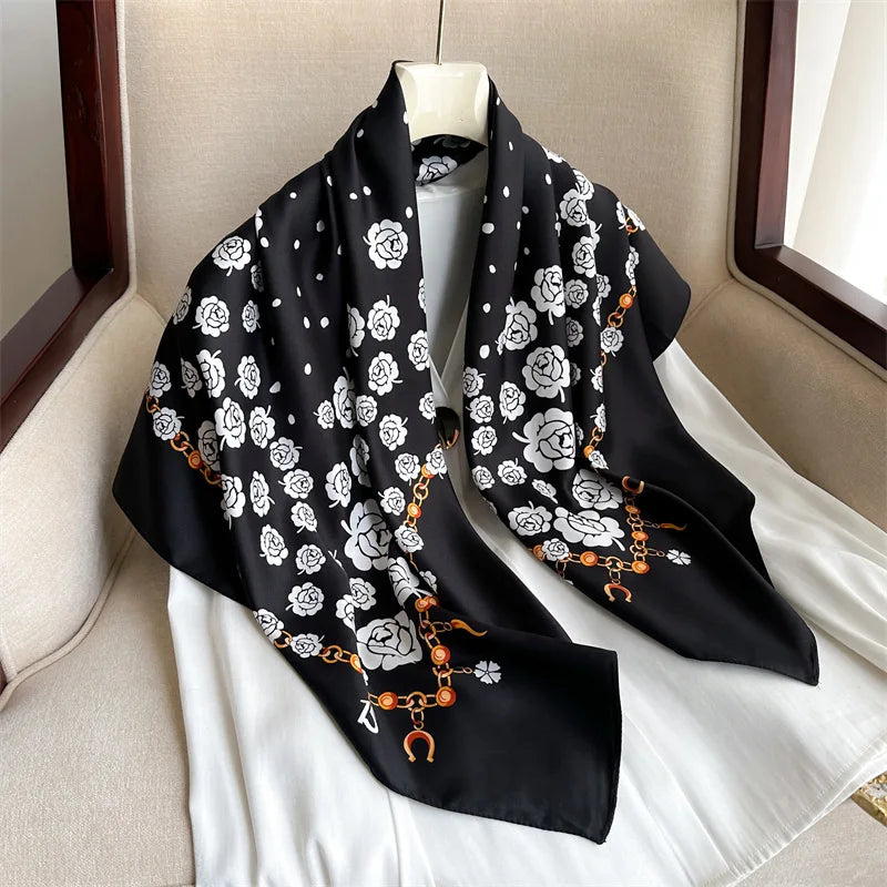 90cm Floral Print Silk Square Scarf Women Luxury Brand Satin Shawls Neckerchief Wrap Scarves Bandana Hair Hjiab Bohemian Style