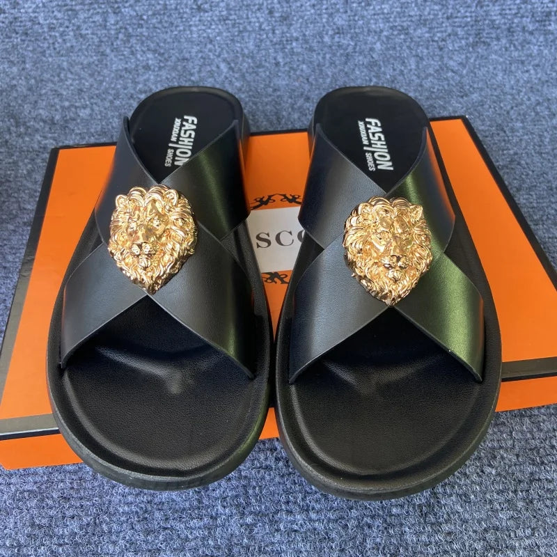 size38-48 original shoes brand summer leather slides for man black brown fashion shoes for mens slippers business beach slippers
